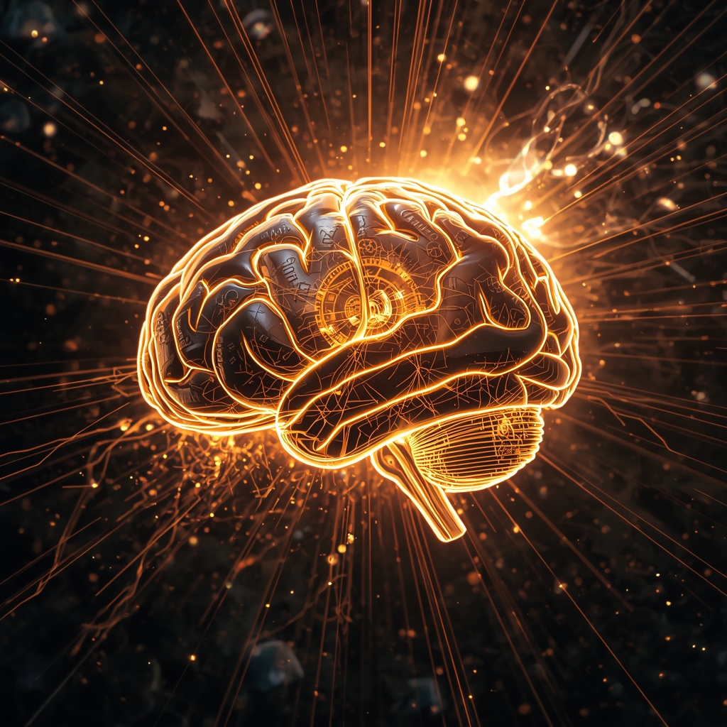 Generate from Nano Banana2: An intense abstract representation of a glowing human brain made of intricate clockwork and glowing fiber optic cables expanding into the cosmos, representing supreme intelligence, 8k, no woman